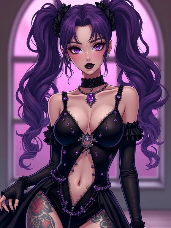 Anime woman with amethyst purple hair in a gothic dress. She has amethyst purple eyes and a beautiful, elegant appearance. Tattoos cover her skin. The setting features a soft purple background for a distinctive style. The dress is high fashion with intricate details and diamond jewelry.