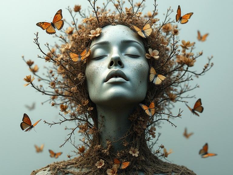 Surreal portrait of a stone-like human head with closed eyes and serene expression. Surrounded by dried leaves, twigs, flowers. Butterflies scattered around in a greyish sky background.