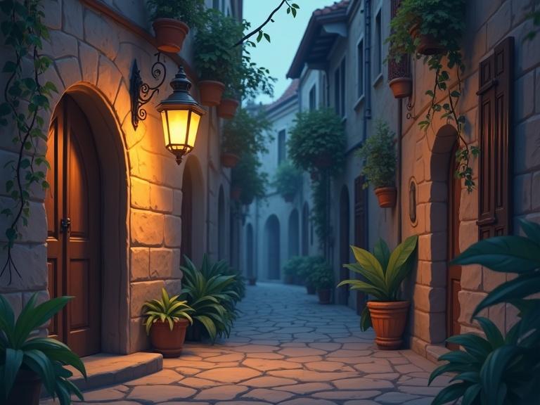 Cartoon scene of an old alley with a hanging antique copper lamp on a stone wall