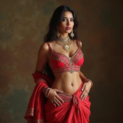 An Indian woman wearing a red traditional dress. The dress is elegantly styled with intricate embroidery. She wears significant jewelry including earrings and necklaces. The pose is graceful and highlights the traditional attire.