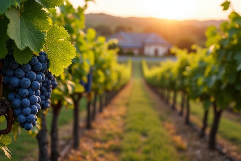 Sunny late summer evening in a vineyard. Vines full of green leaves hanging with blue grapes. Some leaves showing autumn colors. Narrow path between the vine rows with flowering plants. Old winery in southern French style blurred in the evening sun. Slightly greater depth of field.