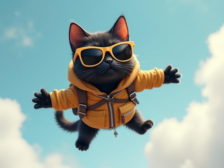 Realistic rendering of a young humanoid black cat skydiving with a yellow jumpsuit and sunglasses. The view is from below with a seagull making a grimacing face in the background. The cat has a backpack and the jumpsuit is khaki.
