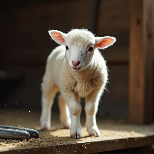 Young female Shetland lamb on wooden shearing platform. Thick creamy white wool. Delicate legs and trembling hooves. Large brown eyes fixed off-camera. Ears twitching with pink inner lining. Tensed body and hunch in back. Shearing shears in background under soft barn light. Dust motes dance in sunlight. Muted palette of warm browns and creamy white. Focus on lamb with blurred barn backdrop. Soft lighting showcases textures and expression.