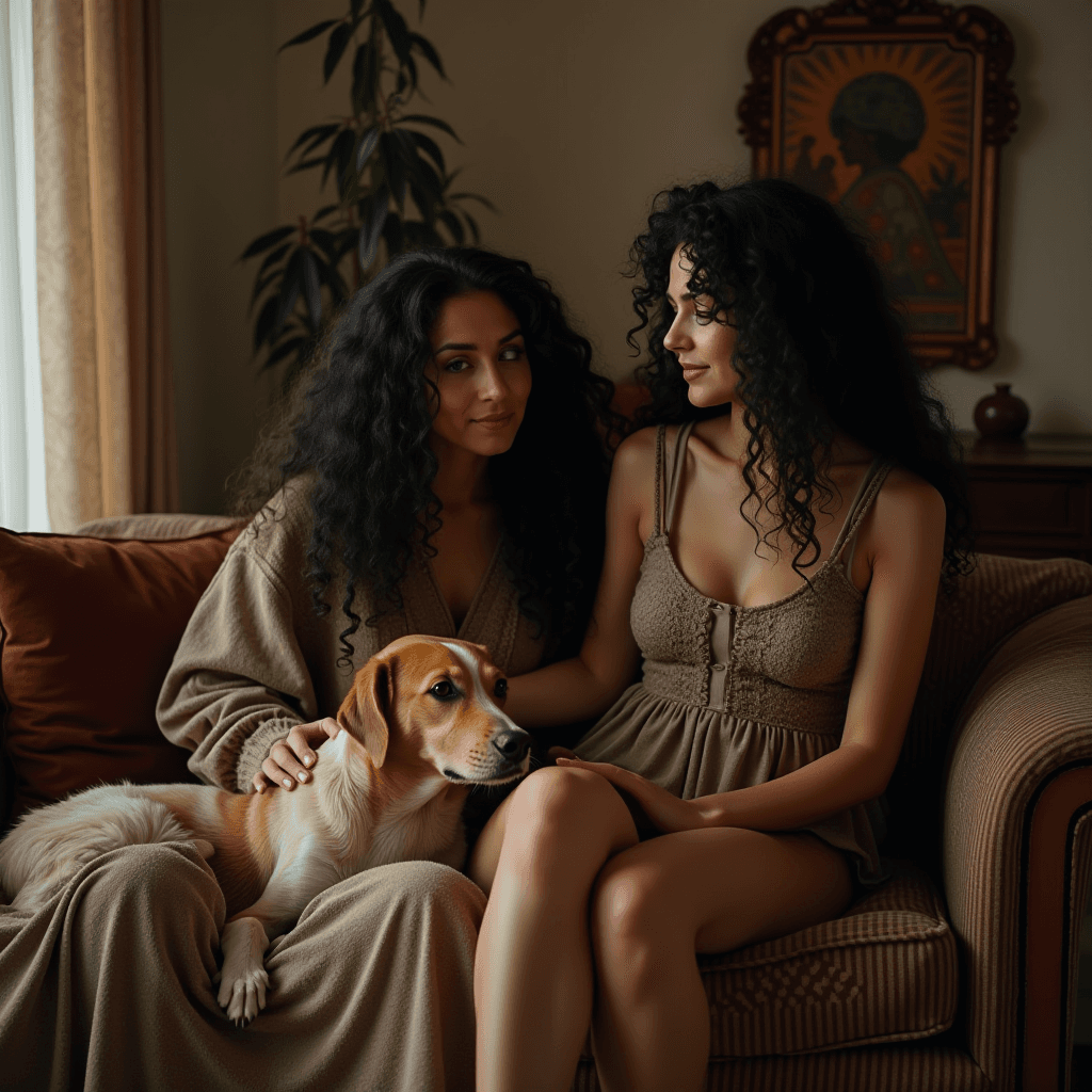 Two women with curly hair sit together on a cozy couch, accompanied by a relaxed, light-brown dog.