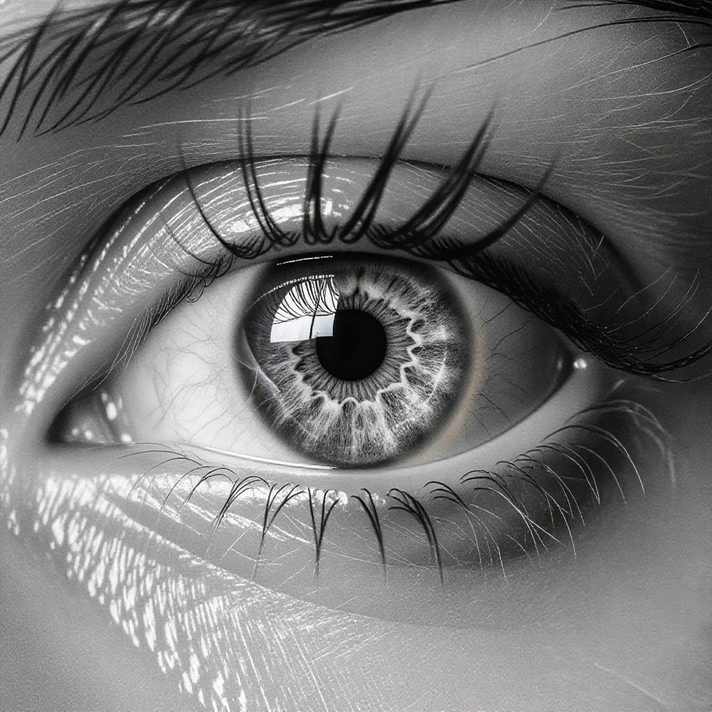 Macro image in black and white of a human eye and eyelid with emphasis on textures and transparencies. Background is black.