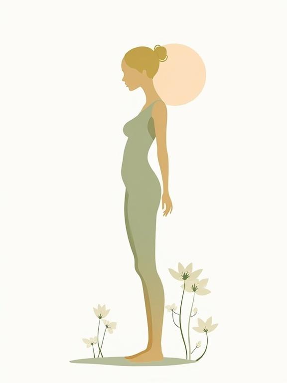 Minimalist female body depicted in a natural setting using simple shapes. The art focuses on beauty and serenity with an abstract style. White background with floral elements.