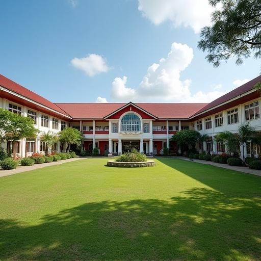 Campus scenery of Don Bosco College located in Canlubang, Philippines. Features a central building surrounded by lush greenery and well-maintained lawns under a blue sky.
