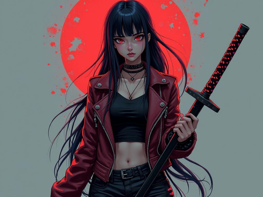 pretty cyberpunk girl with katana. She has long dark hair. She wears a red leather jacket. Red background highlights her striking appearance. Sword in hand signifies strength.
