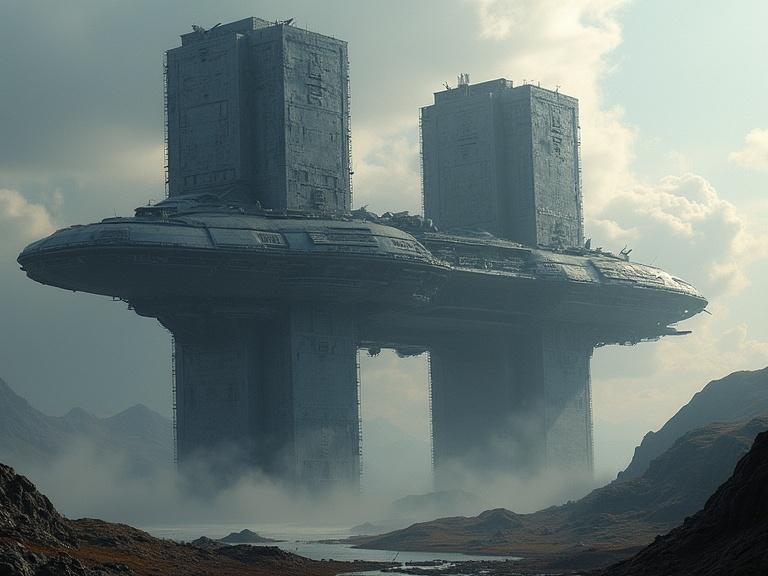 Huge sci-fi spaceship shaped like an H seen in a realistic setting. Detailed structure and environment. Evokes a sense of wonder.