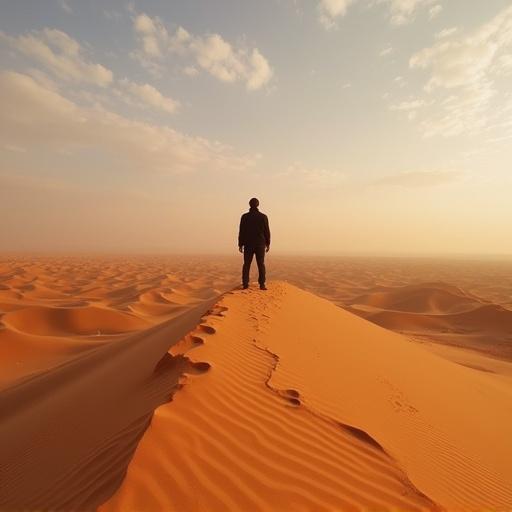 A person standing alone on a sand dune in the Sahara Desert during sunset. The scene captures the vast and serene landscape of the desert with rolling sand dunes stretching into the horizon.
