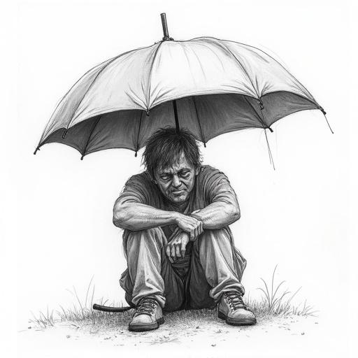 Tired person sitting under a broken umbrella. Sketch style with pencil and smudgy ink wash. Emotional expression is central to the artwork.
