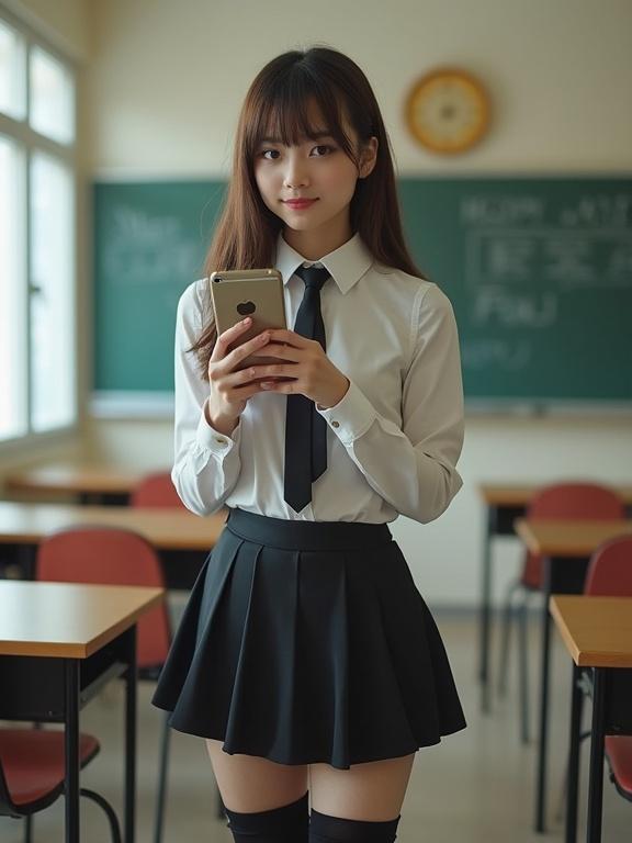 Cellphone photo of a student posing in a classroom. Subject wears a mini-skirt and blouse with a tie. Thigh-high socks accentuate the outfit. Atmosphere is casual and modern.