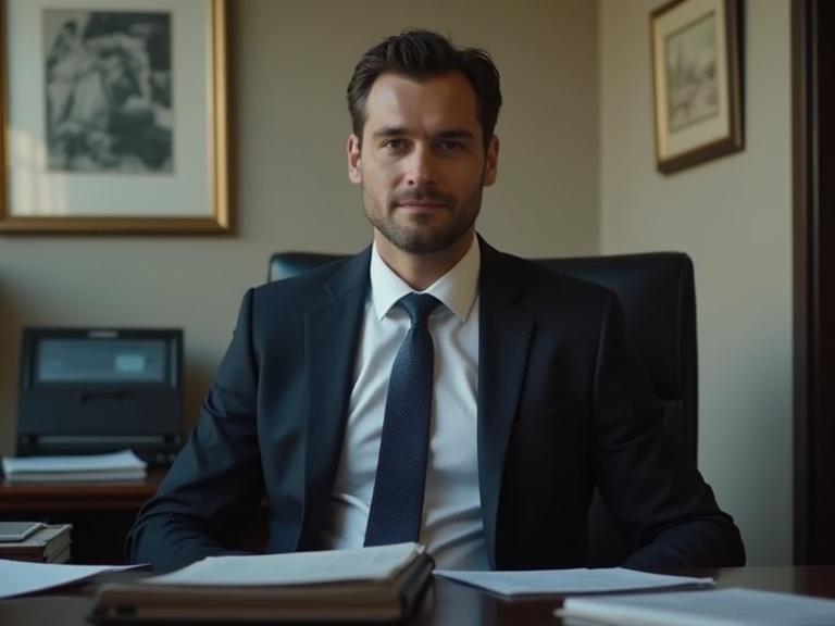 A professional man in a suit and tie sits in an office. He looks straight forward to the camera. The setting is well-furnished with a desk and framed artwork in the background.