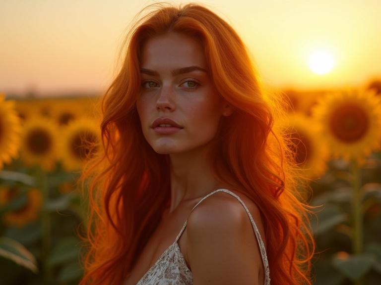 Photorealistic portrait showcasing a woman with long red hair in a sunflower field at sunset. Warm romantic ambiance with detailed skin texture and hyperrealism. Image quality is 4K.
