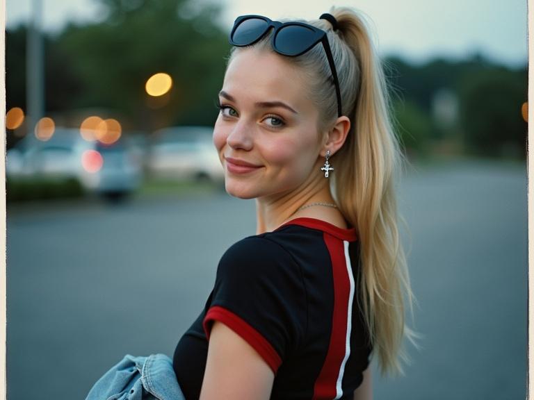 Polaroid photo of a young woman in her twenties. She has fair skin and light blonde hair in a high ponytail. She smiles gently while looking back at the camera. She wears a black crop top with red and white accents and holds a denim jacket. The background is a blurred parking lot at dusk with lights.