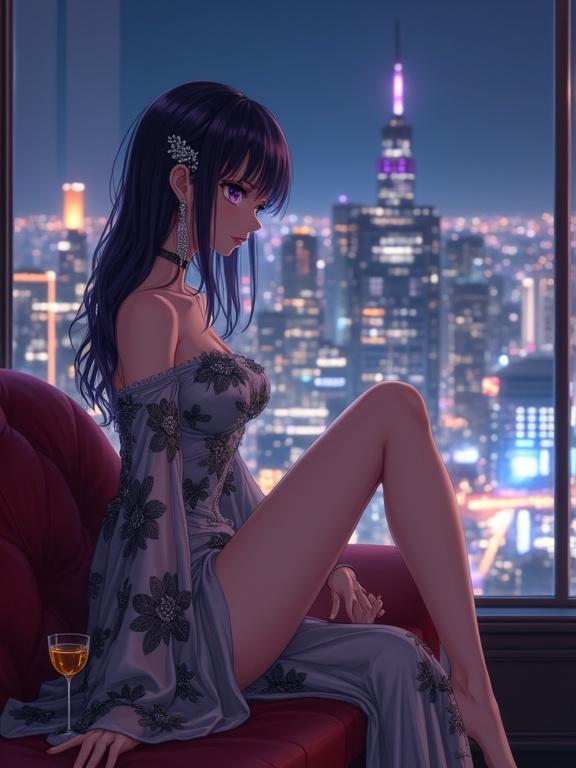 A woman sits gracefully on a red sofa. Her legs cross in front of a large window. The scene is inside an upscale lounge. She wears a luxurious off-shoulder silver gown. The gown has black floral patterns. Silver sheer sleeves add elegance. Long earrings shimmer in the light. A gold cocktail sits on the counter. The city skyline is illuminated at night. The image has rich textures and dramatic lighting. Emphasis on elegance and allure.