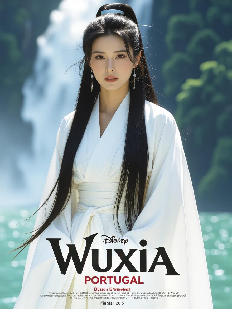 Woman with long hair in white clothes standing in front of a waterfall. Action movie poster style with title Wuxia Portugal. Full body shot, dramatic scene from a fantasy genre.