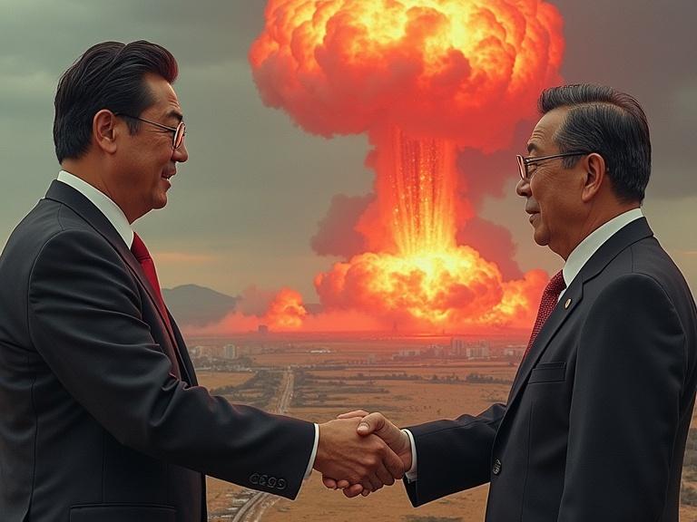 A Japanese government ceremony recognizing the only survivor of the atomic bombings. Two officials shake hands with a nuclear explosion in the background.