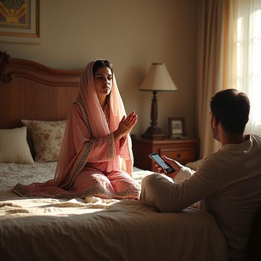 Luxury Pakistani bedroom with natural daylight. Lady in colorful Islamic dress and dupatta prays on the bed. Emotional expressions of hope and sorrow. Husband reclines on bed, supportive. Bright room with typical Pakistani decor, wooden furniture, and embroidered cushions.