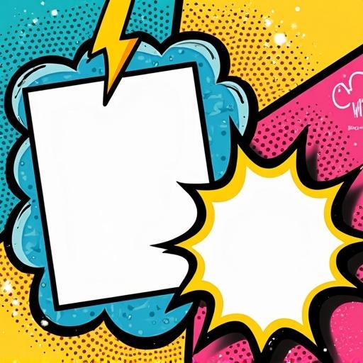 A pet-themed photo collage template in pop-art style. Designed to hold two blank photo cutouts. One lightning-shaped photo frame placed in the top-left corner and one comic explosion bubble-shaped frame in the bottom-right. Bold and contrasting color blocks like bright yellow, cyan, and hot pink fill the background. Thick black outlines included. The word 'cute' placed at the center in halftone and 3D shadow style. Collage filled with pop-art textures, halftone dots, comic-style borders. Photo areas occupy most of the canvas with stylized frames and no placeholder photos inside.