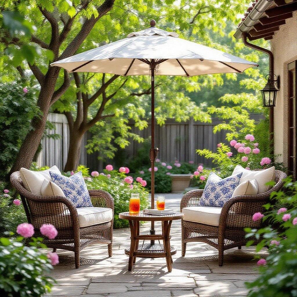 A cozy patio with a stone surface. The scene is set in the late afternoon. An open umbrella shades a small seating area. Two wicker armchairs with off-white cushions are positioned around a wooden side table. The table holds a glass of iced tea and a half-read book. A lush garden with flowering bushes is in the background. Warm sunlight filters through tree leaves creating soft shadows. The overall atmosphere is peaceful and inviting.