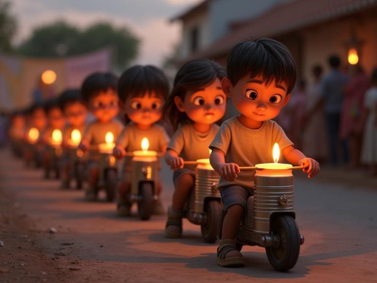 A group of children ride homemade motorcycles down a dusty street at dusk. Each child has a lit candle in a can. The children wear modest clothes and help each other light their candles. The background shows a religious procession with banners and warm lights. The scene has a magical atmosphere created by the sunset and candlelight.