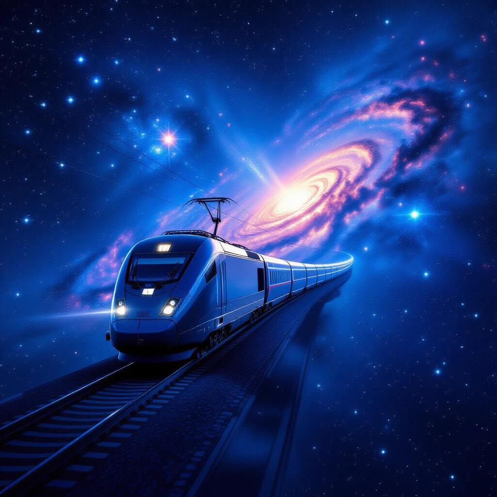 High-speed train travels through space. Deep blue color dominates the scene. Luminous, glowing train tracks. Surrounded by sparkling, nebula-like stars. Sci-fi and futuristic style. Technology and nature blend visually.