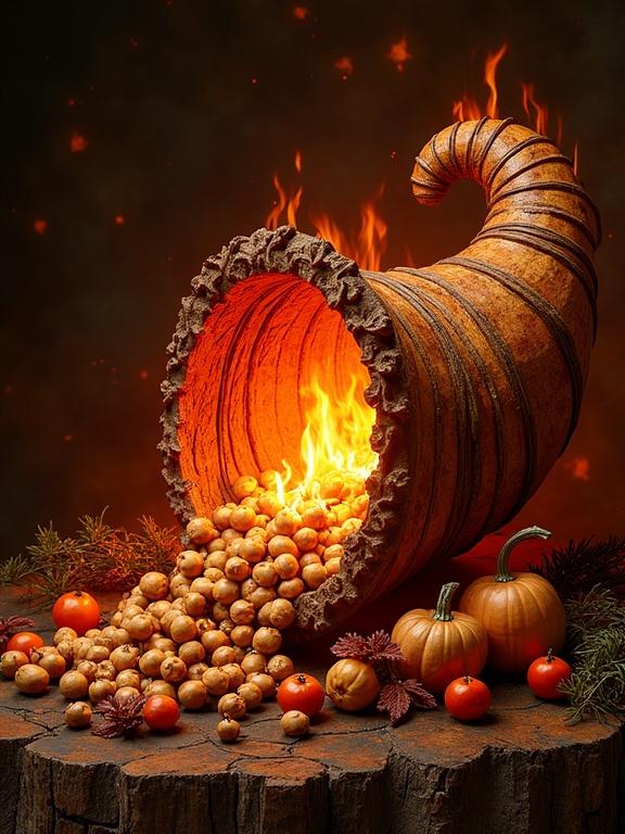 A cornucopia spilling over with food. Fire emanating from the cornucopia. Pumpkins and small tomatoes around the base. Warm colors dominate the scene.
