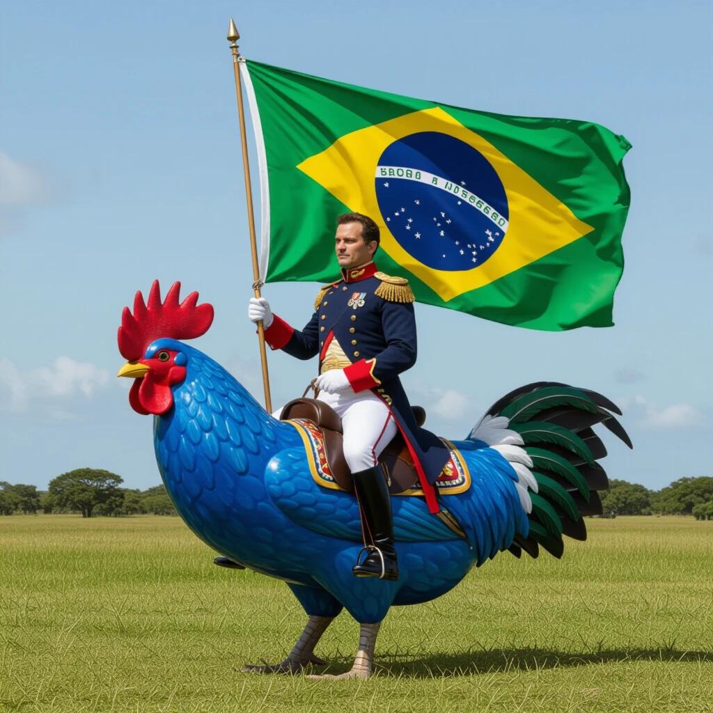 A historical figure resembling Napoleon holding a Brazilian flag. The figure is riding a large blue ornithorhynchus. The scene is set in a wide open field under a clear sky with great visibility.