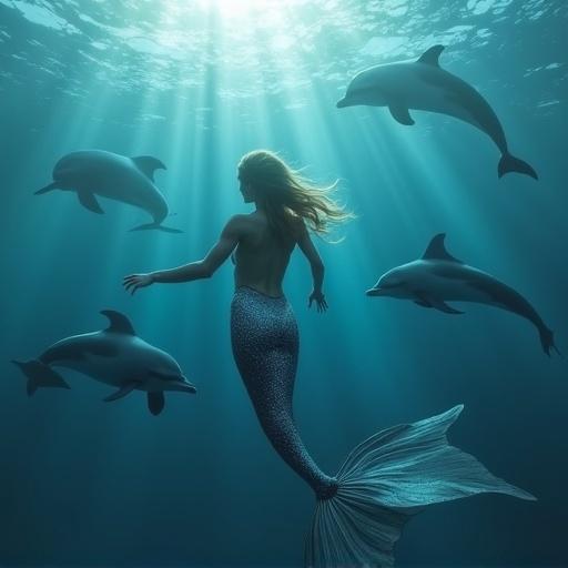Wide body mermaid swimming in the sea with dolphins.