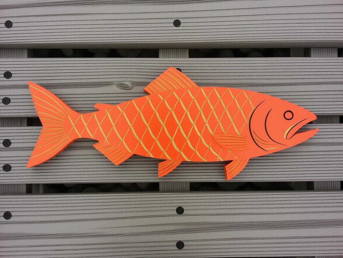 Salmon shaped artwork made from wood chips. The artwork is vibrant orange with black accents. Displayed on a wooden surface with natural tones. The fish has a detailed scale pattern. This decorative piece is suitable for various artistic applications. It captures a whimsical representation of a salmon.