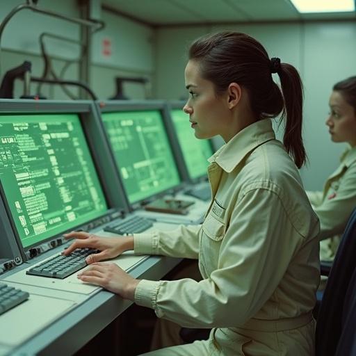 Inside a space base's control room. Focus on a female technician in a jumpsuit. She gestures towards a green CRT monitor. The room features white and grey consoles. The lighting is bright and even, emphasizing a utilitarian style. The atmosphere conveys a sense of urgency and isolation within a sleek, functional design.