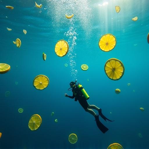 Lemon slices float in vibrant blue water. Camera pans to capture contrasting yellow slices with deep blue backdrop. Tiny bubbles rise and pop. A small diver in full gear swims in the scene exploring the underwater world. Movement of bubbles and drifting lemon slices create a lively atmosphere.