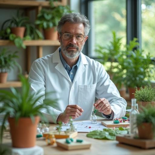 A middle-aged biologist works in an organic lab filled with plants and natural light. The lab features light colors, wooden furniture, and a lab table with capsules and green plants.