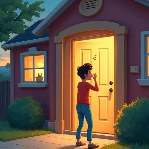 A frustrated character stands outside a closed front door looking panicked. A suburban house decorates the background. Early morning lighting creates a warm atmosphere. The style is cartoonish and inviting.
