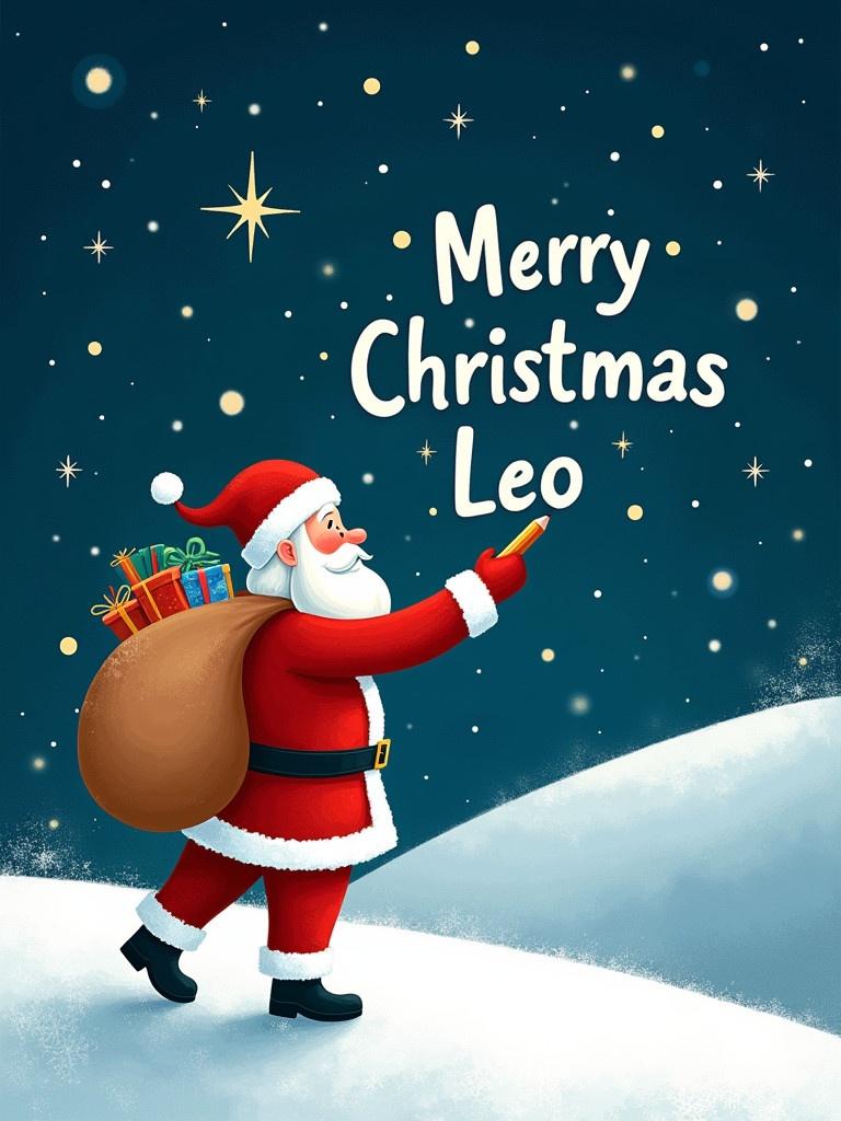 Santa Claus stands on a snowy hill writing in the sky. He wears a red and white outfit. A big sack of gifts rests on his back. The words Merry Christmas Leo are in a whimsical font.