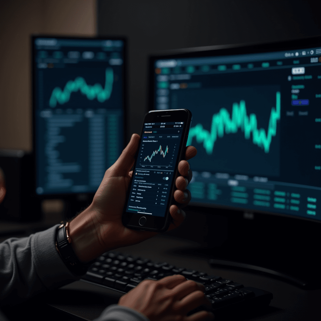 A person is using a smartphone and computer monitors displaying stock market charts, analyzing financial data.