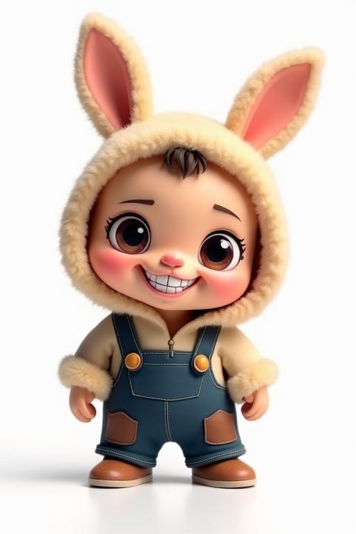 Cute toy character with big round eyes wearing a fluffy hoodie with bunny ears and dark blue overalls. The character has a mischievous expression and a wide grin showing small sharp teeth. Cartoon style against a clean white background with studio lighting.