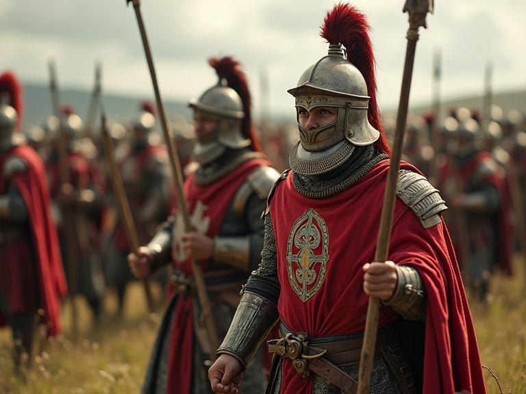 Warriors in ancient Iberia wear armor and carry spears. They are depicted in an outdoor setting. Red capes billow as they stand ready. Their attire includes intricate designs and crests. Background shows a crowd of armored soldiers preparing for battle.
