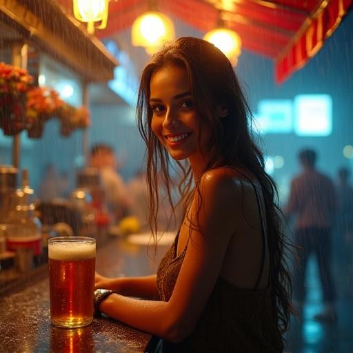 A woman sits at a food stall counter in the rain. She smiles seductively at the viewer. A mug of beer is in her hand. Warm lights illuminate the scene.