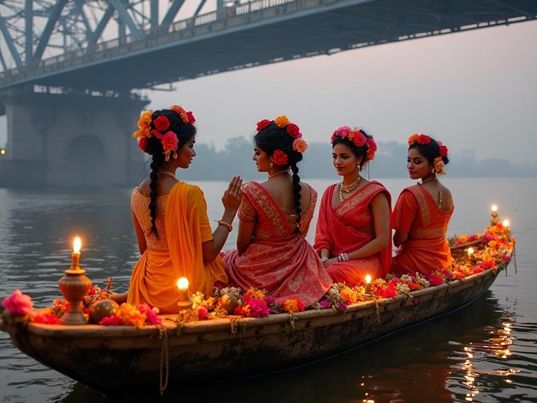 Boat decorated with flowers floating on Hooghly River. Group of women wearing colorful sarees and floral hairstyles. Howrah Bridge is above, casting warm light. Evening mist surrounds the background. Mood is festive and serene.