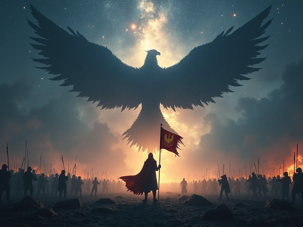 In a dramatic and awe-inspiring scene, a figure in a cloak stands valiantly holding a flag with a phoenix emblem, silhouetted against a fiery backdrop. Above them, a massive silhouette of a phoenix takes flight, its wings spread wide, carving through a starry sky. A multitude of warriors, barely distinguishable in the shadows, witness this powerful symbol of rebirth and strength.