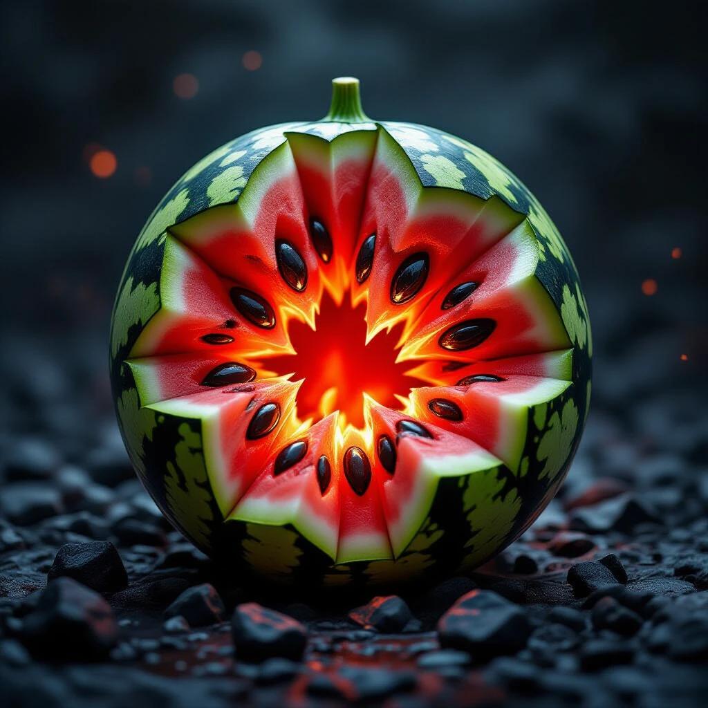 Watermelon with a blackened rock exterior. Interior glows molten red with pit-like inclusions. Elemental power in a fruit form. Contrasts hot textures with refreshing feel.