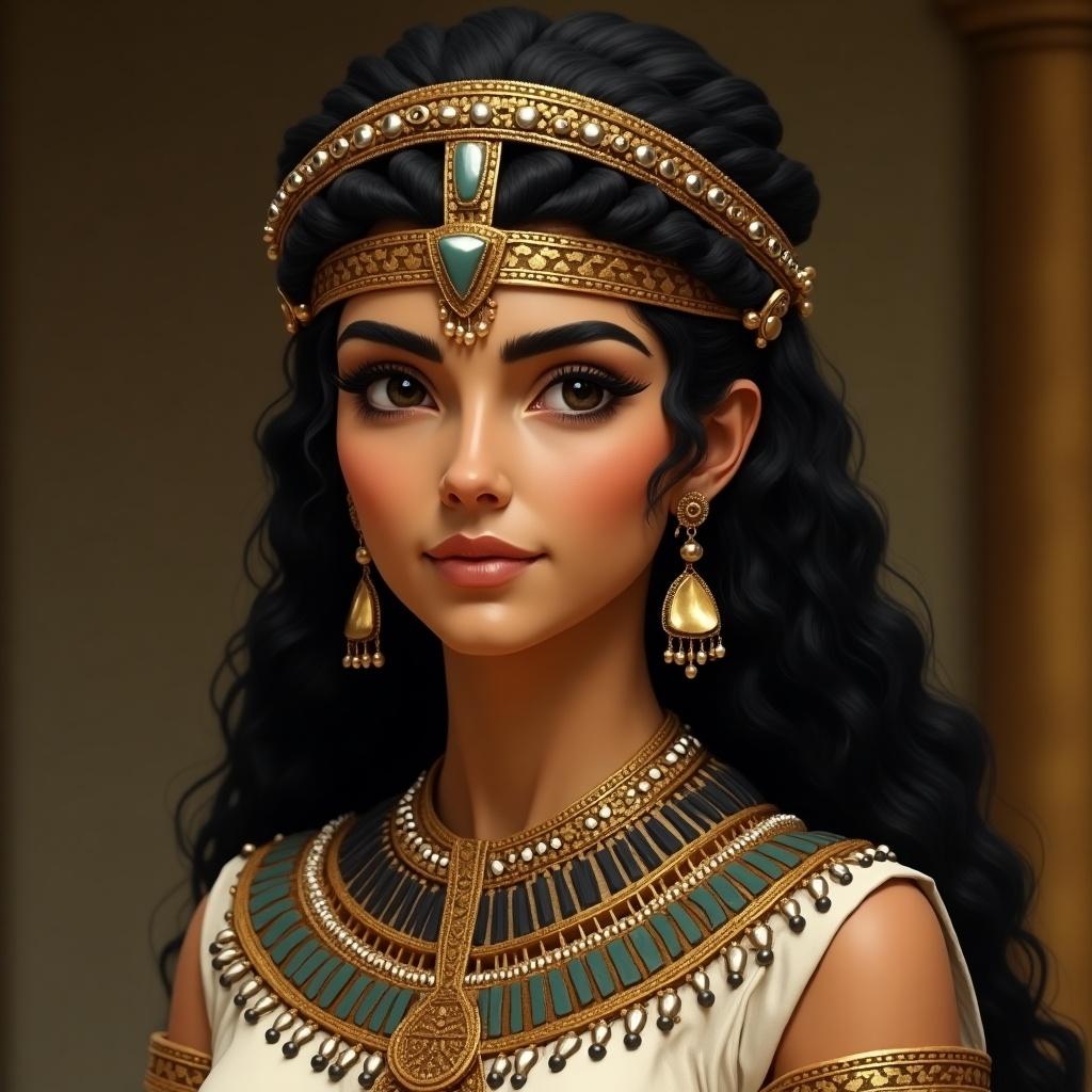 Detailed representation of Cleopatra. Graceful, powerful appearance. Symmetrical oval face. High cheekbones. Large almond-shaped eyes. Straight nose. Full lips. Dark hair styled elaborately. Rich royal attire with bead embroidery. Elaborate jewelry featuring gold and gemstones. Poised expression.