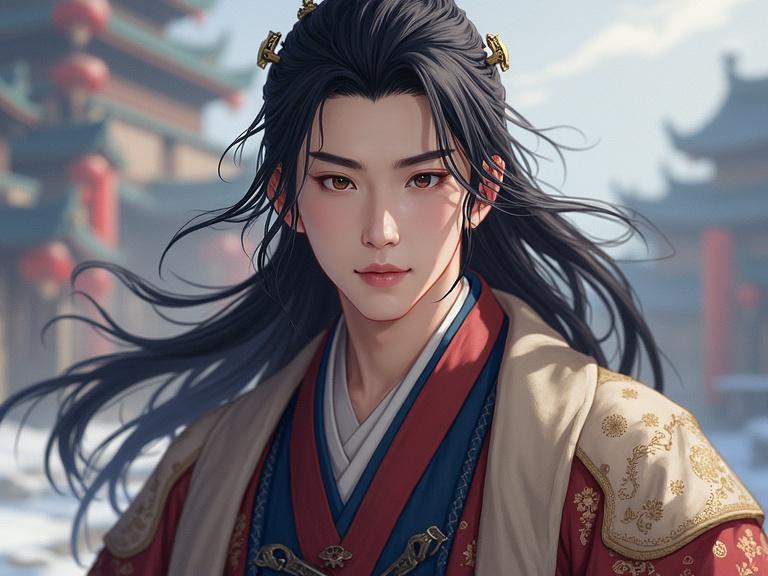 Character portrait with long hair and elegant clothing. Scene set in a traditional Chinese landscape. The character has a serene expression and intricate details in clothing.
