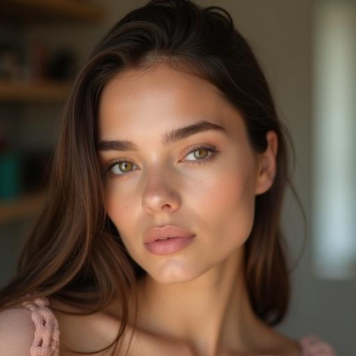 Portrait of a girl with light makeup in a relaxed environment. Soft focus background enhances the tranquility. Natural and warm lighting highlights the features.