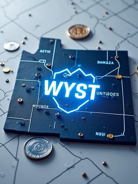 Image of a map of Wyoming with the WYST logo overlay. Digital coins floating around. Features of futuristic technology and security including a lock and blockchain. The word 'Innovation' in modern typography.