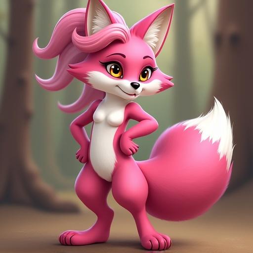 Full body shot of a confident anthropomorphic fox with vibrant pink fur and white markings. The fox has stylish pink hair and expressive amber eyes. Pose conveys playful and flirty attitude. Background is softly blurred resembling a forest. Soft lighting highlights character's form and colors. Style is digital painting with smooth gradients.