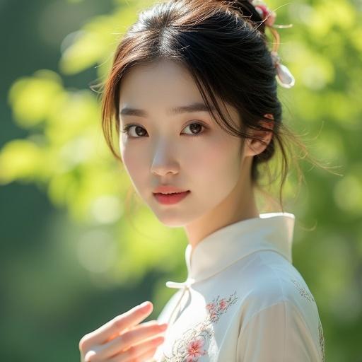 Close-up portrait of an attractive woman outdoors. Sunlight filters through green leaves. Soft-focus effect. She has fair skin and large almond-shaped brown eyes. Wearing a traditional white Chinese qipao with floral embroidery. Dark brown hair in a neat bun with loose strands. Small hairpin with beads. Looking at the camera with a gentle, shy expression. Hands near her chest. Soft natural light highlights her features. Serene atmosphere.