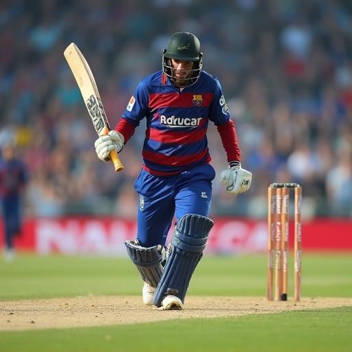 A cricketer in action on the field wearing a helmet and jersey. The focus is on the player swinging a bat, with stumps in the background. The game is taking place in a crowded stadium.